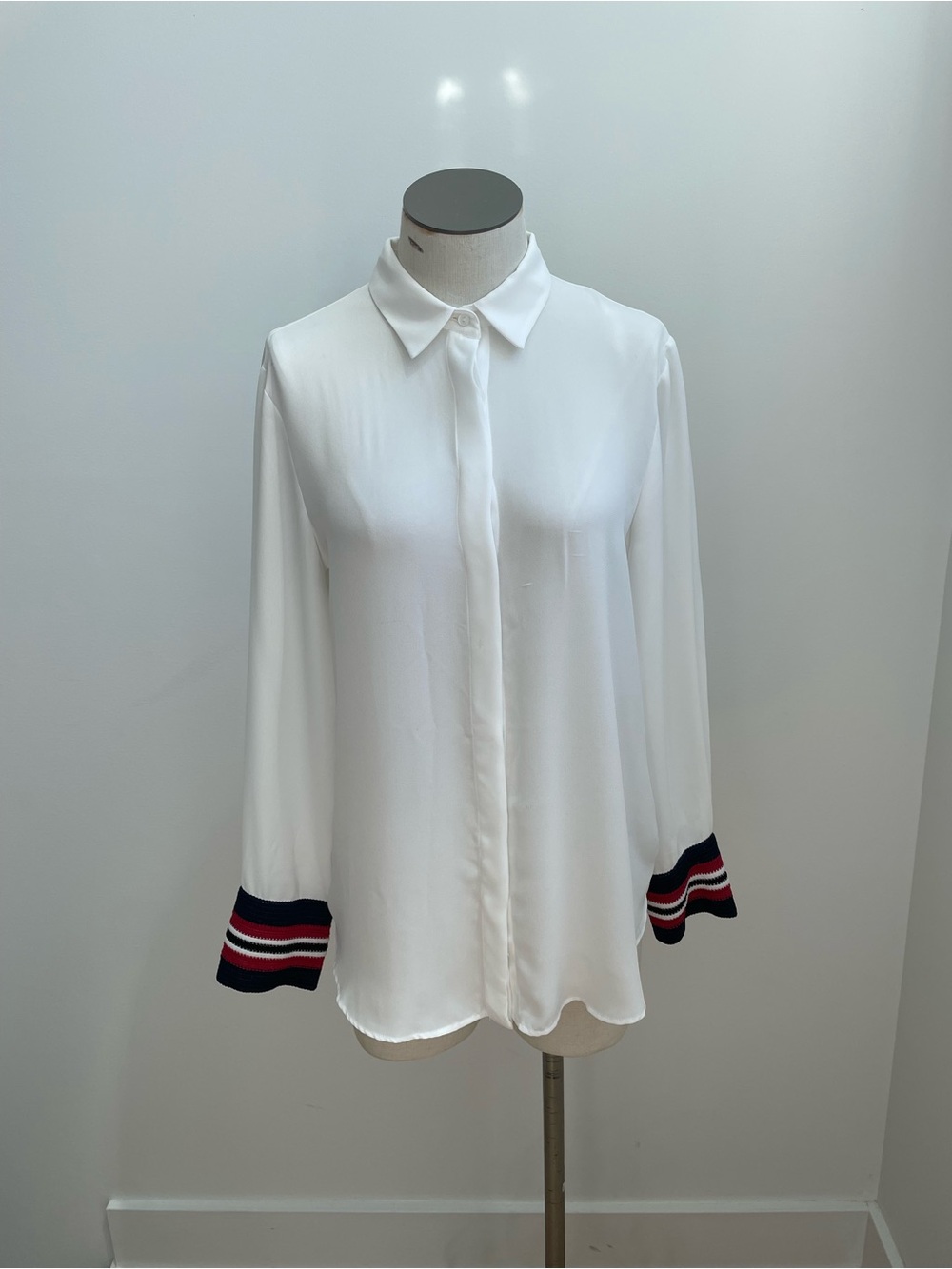 Zara White Button-Down Blouse with Navy and Red Striped Cuffs